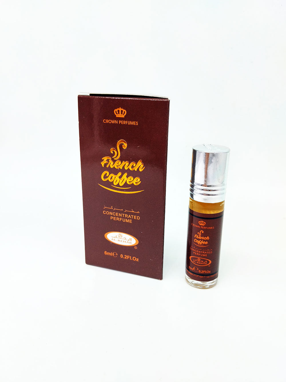 French Coffee attar bottle and packaging on a white background
