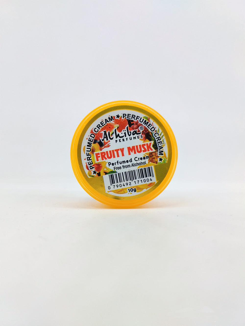 Small container of Fruity Musk perfume cream with a colorful label on a white background