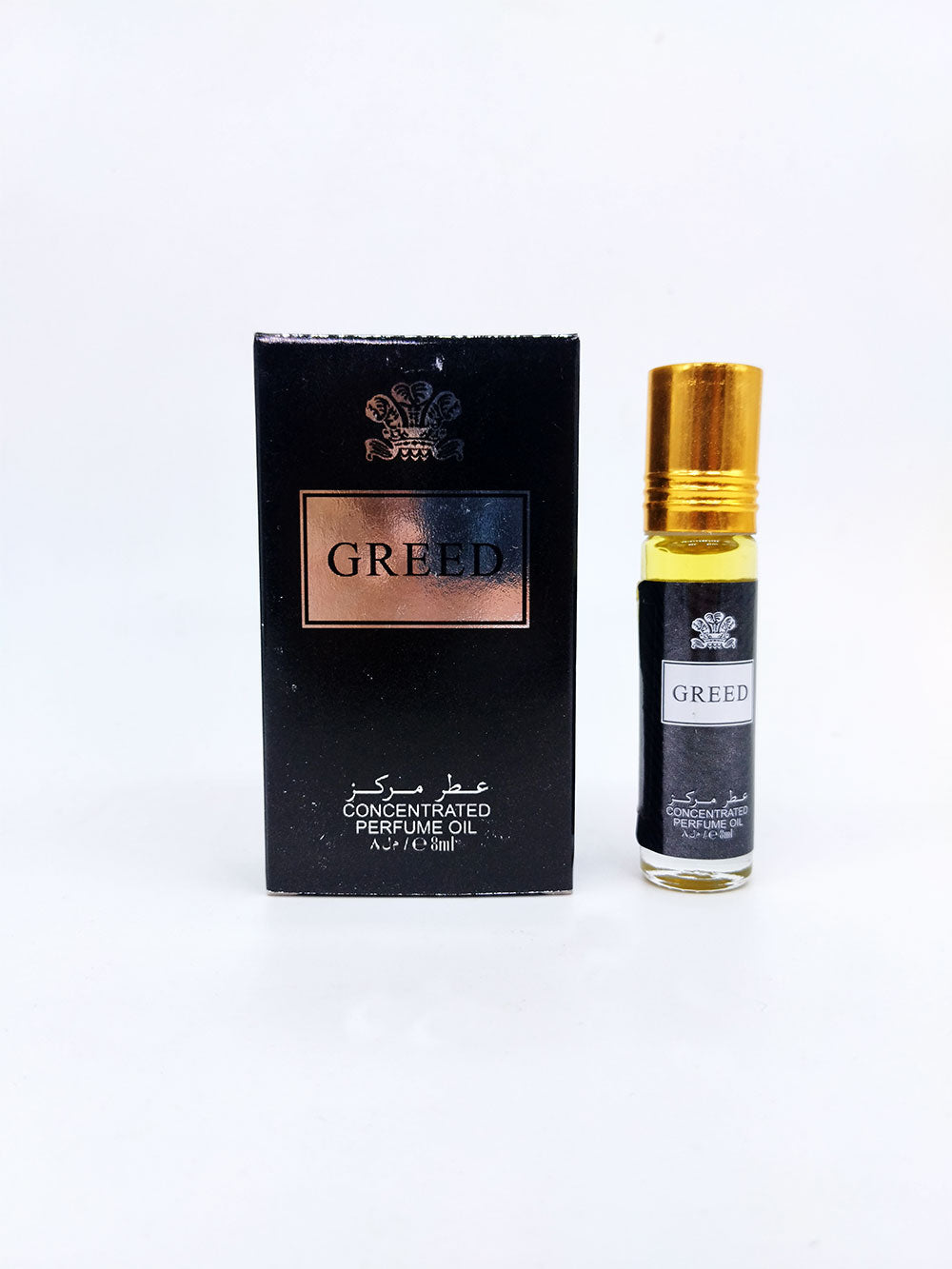 greed attar bottle and packaging on white background
