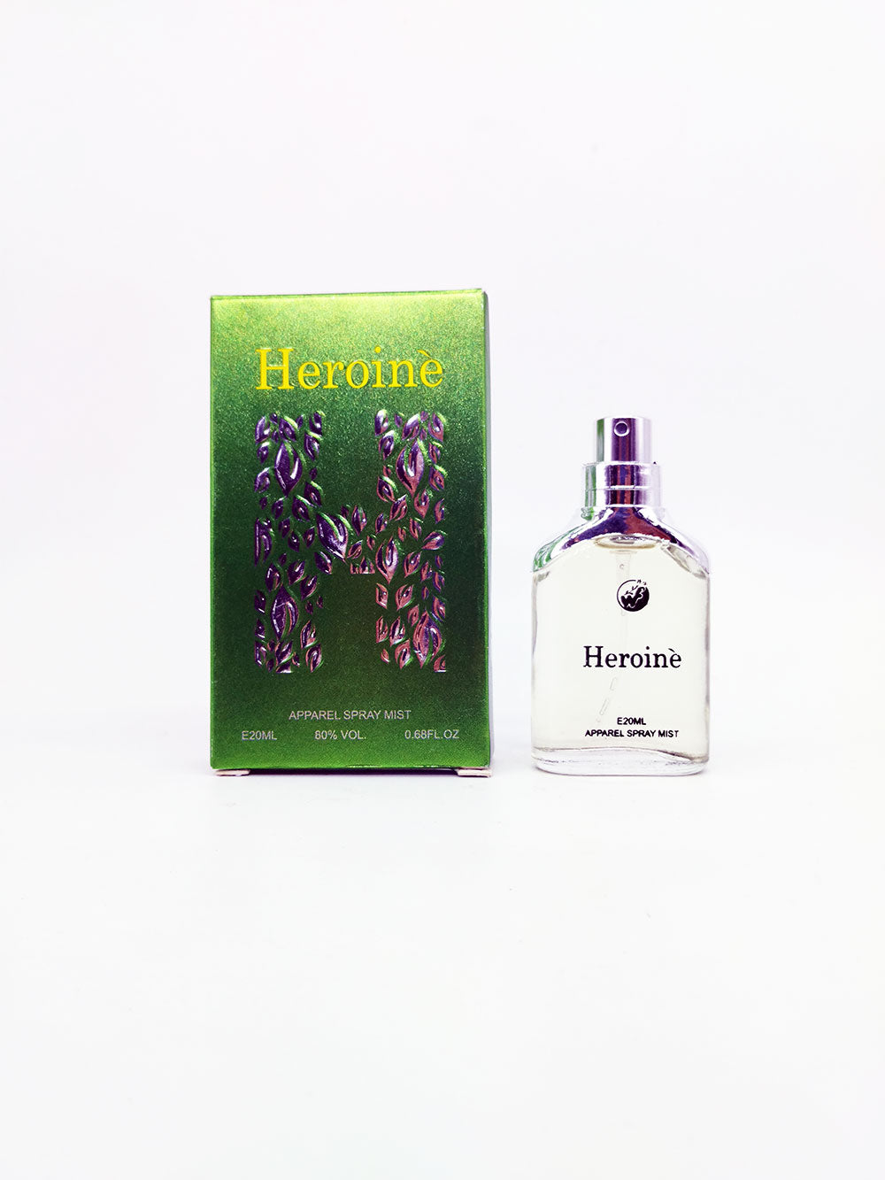 Heroine perfume bottle and packaging on a white background