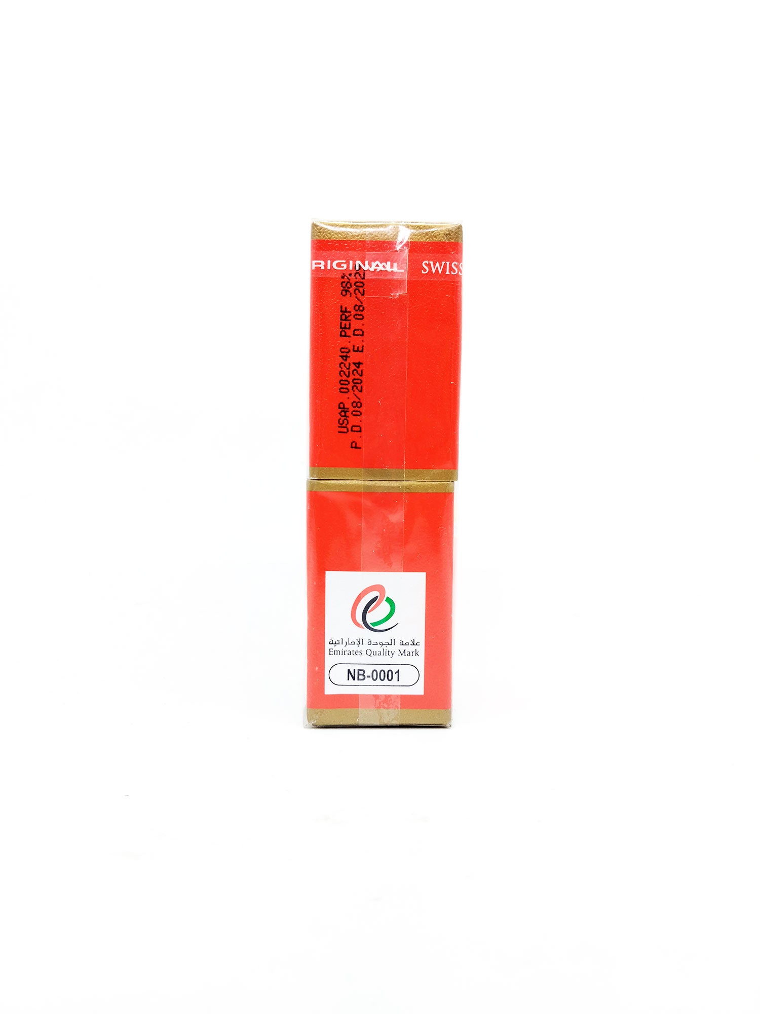 Side view of Swiss Arabian Jannet el Firdaus red packaging on white background