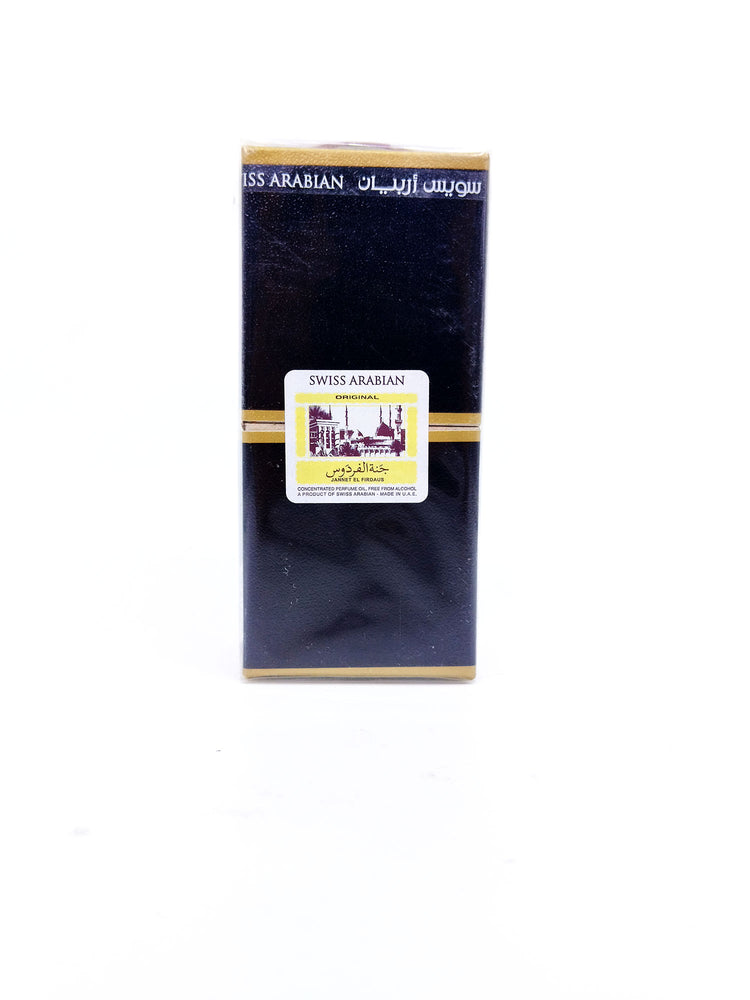 Swiss Arabian Jannet El Firdaus black packaging on a white background