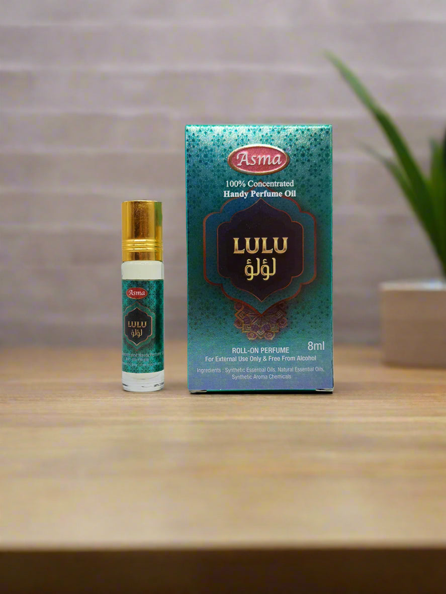 Aroma Lulu perfume oil bottle and packaging on a white background