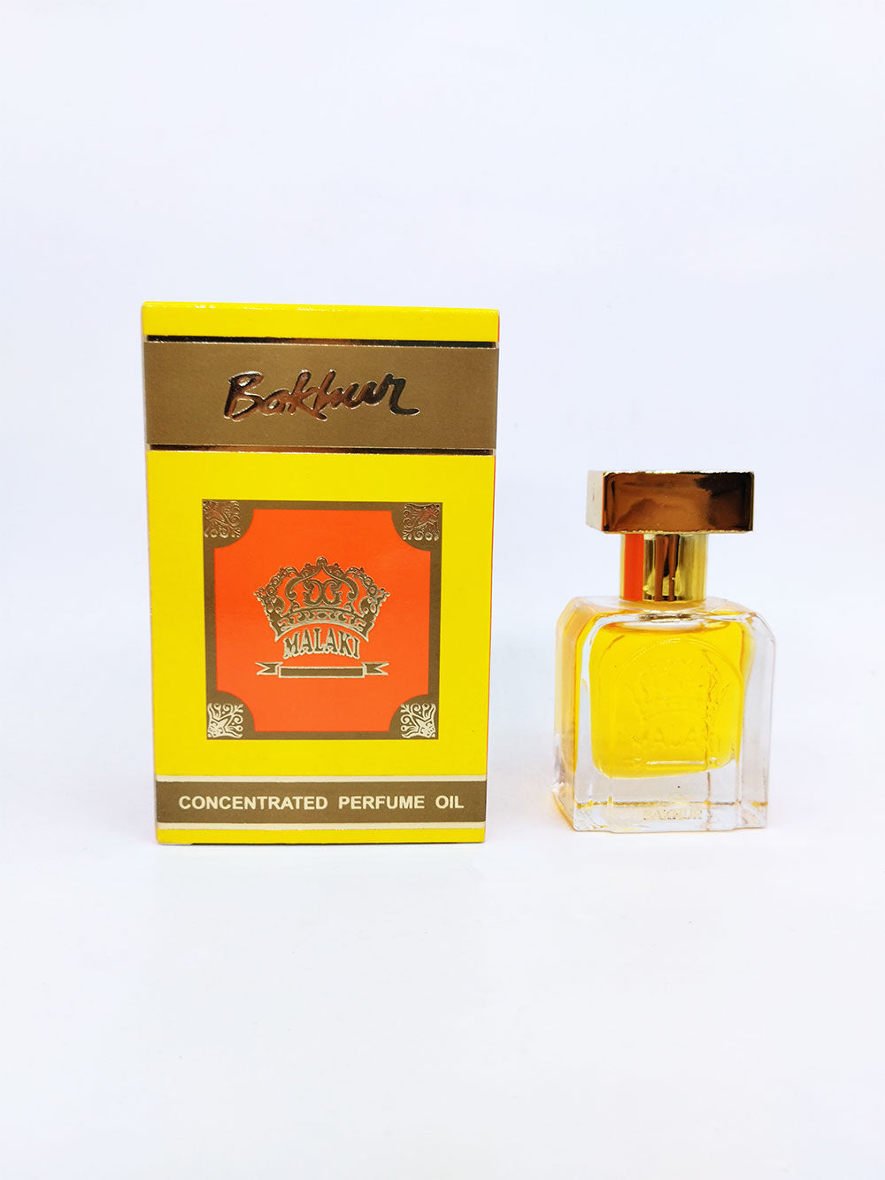 Front view of Malaki Bakhur attar bottle and packaging on white background