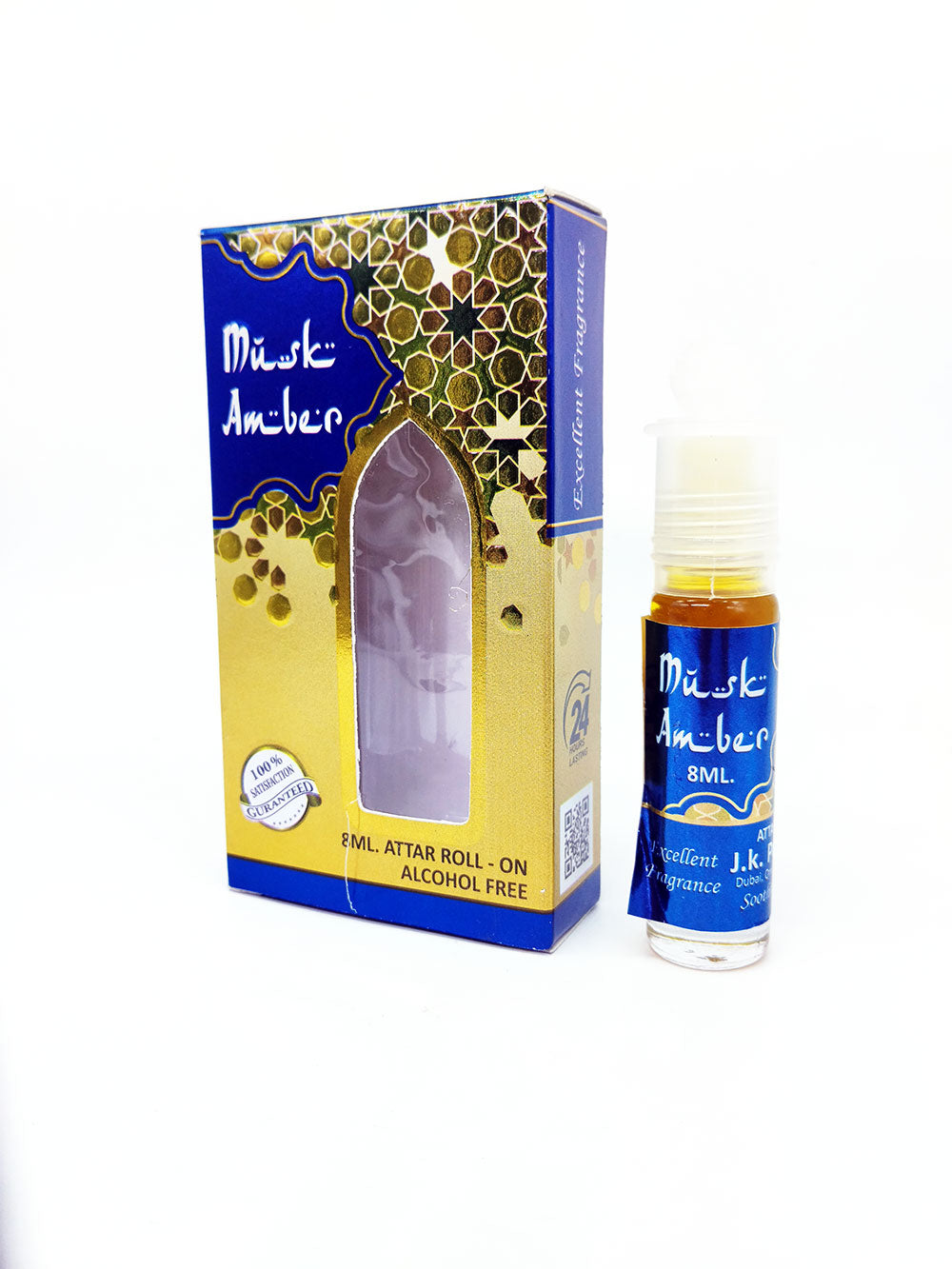 Musk Amber roll-on bottle and packaging on a white background