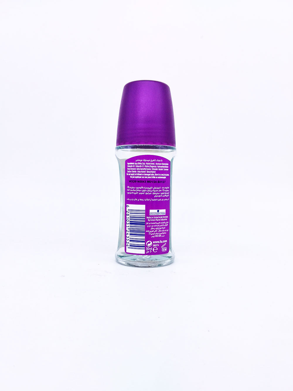 Rear side view of Fa Mystic Moments deodorant bottle with purple cap on a white background