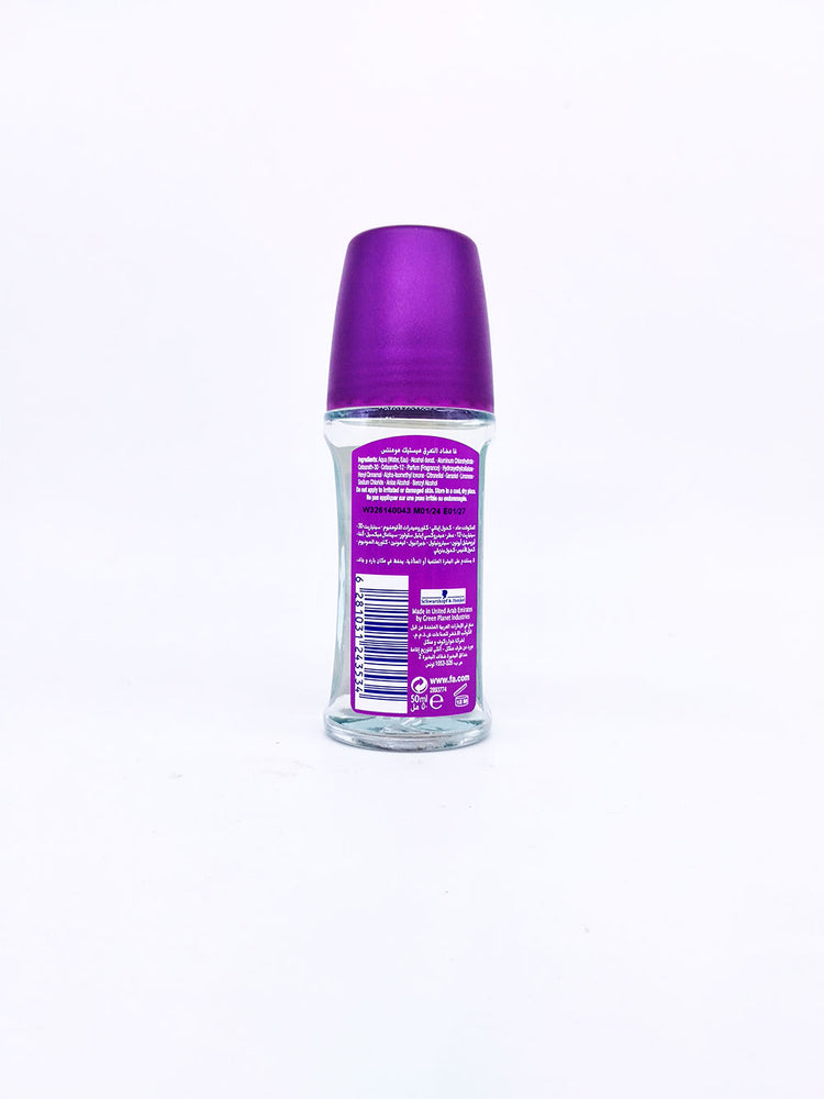 Rear side view of Fa Mystic Moments deodorant bottle with purple cap on a white background