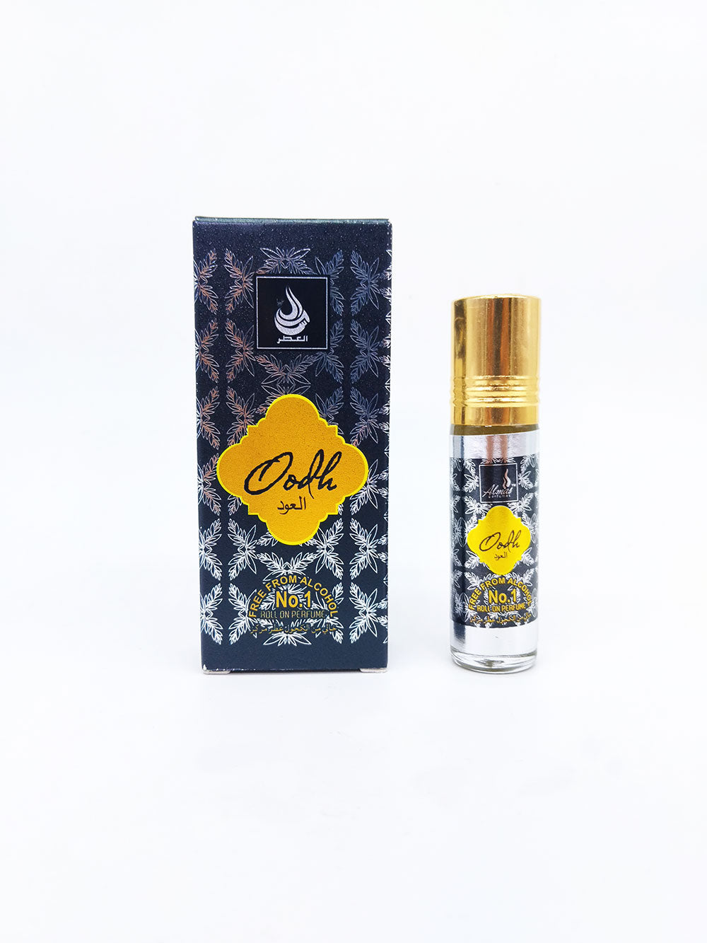 Oudh attar bottle and packaging on a white background