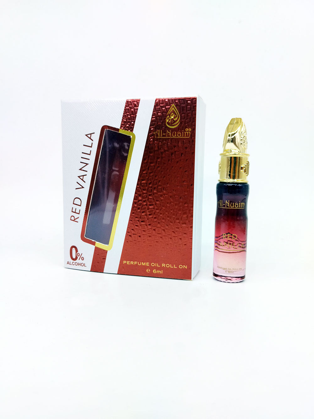 Red vanilla Perfume oil roll-on with packaging on a white background