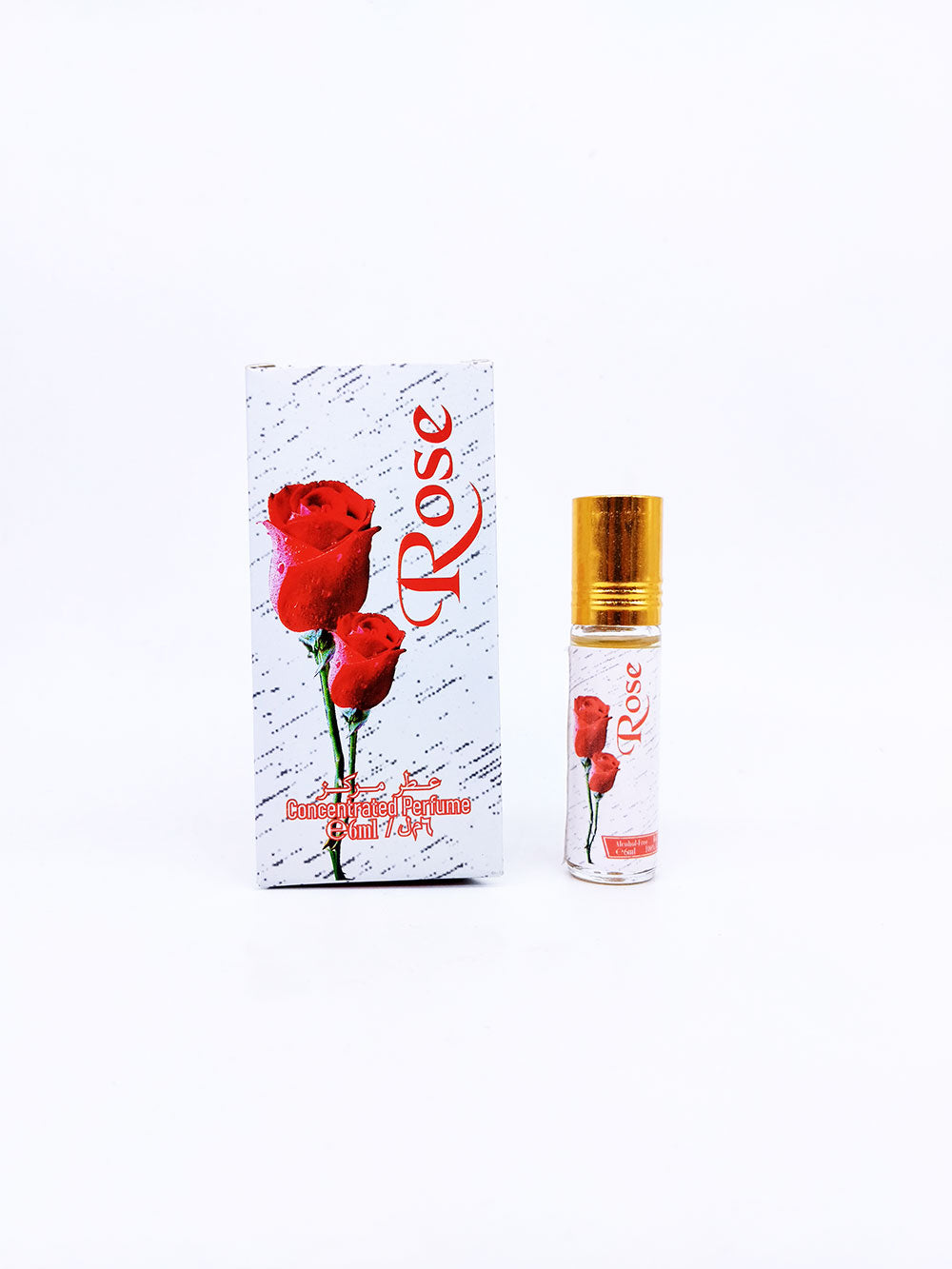 Rose attar bottle with packaging on white background