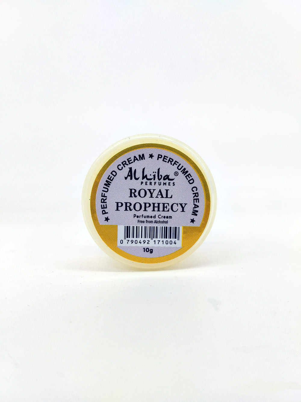 Small container of Alhiba Perfumes Royal Prophecy perfume cream on a white background