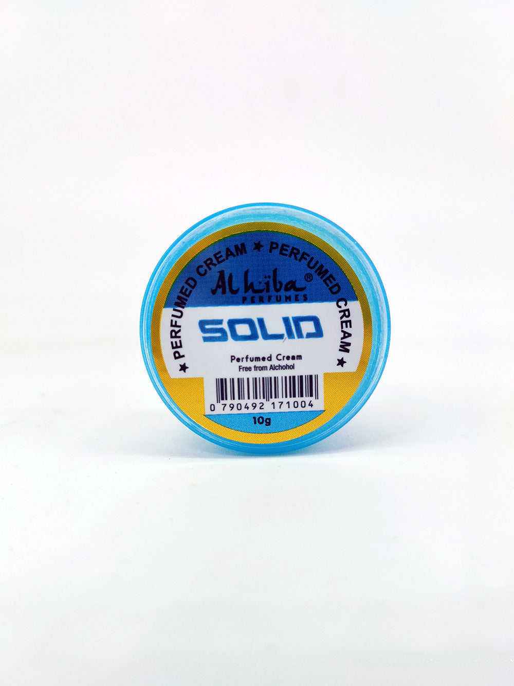 Solid perfume cream container with blue lid and white body on a white background
