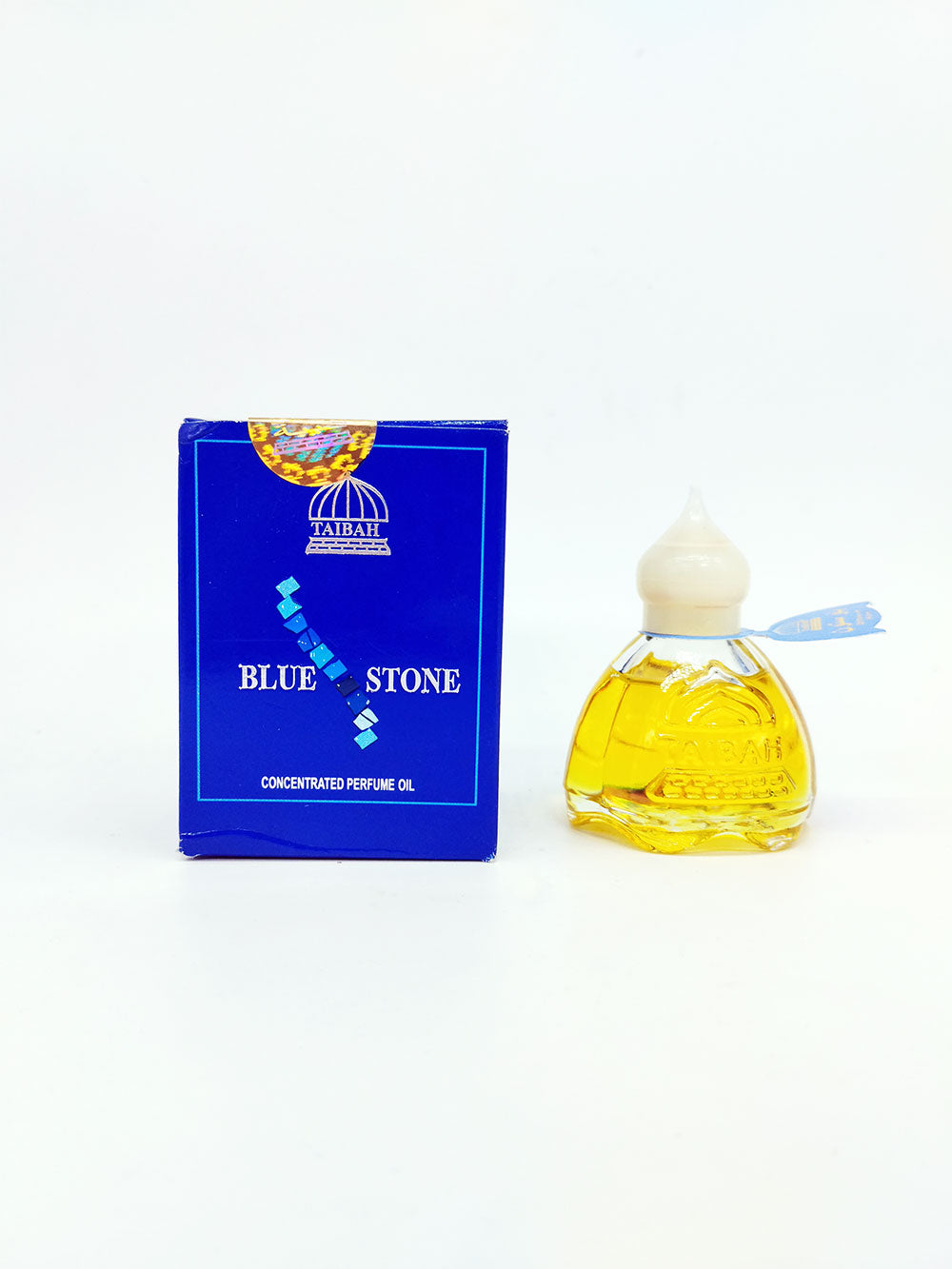 Taibah Blue Stone attar bottle and packaging on white background