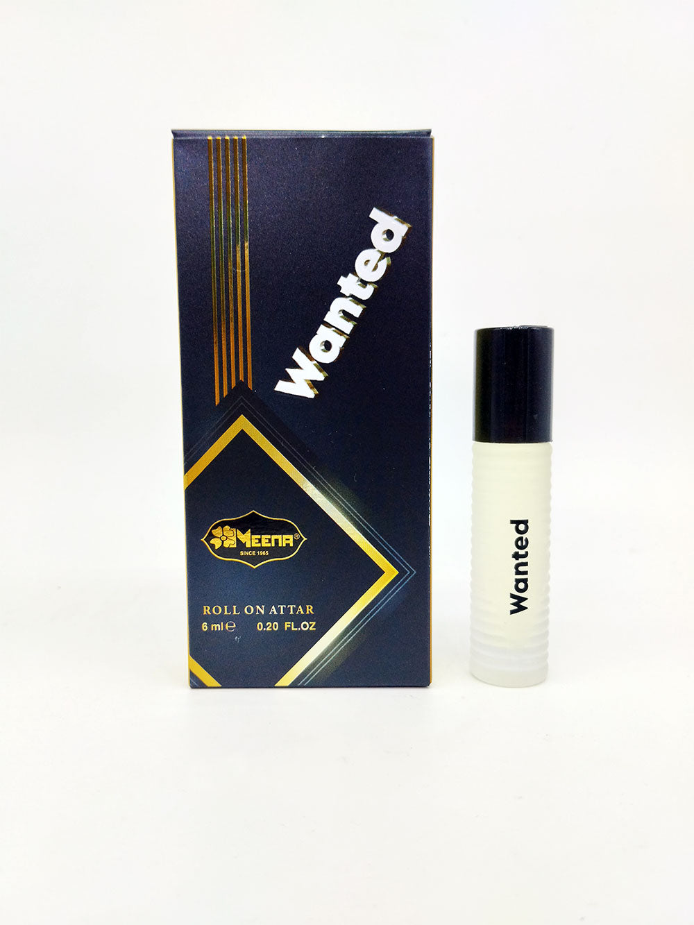 Wanted roll-on attar with packaging on a white background