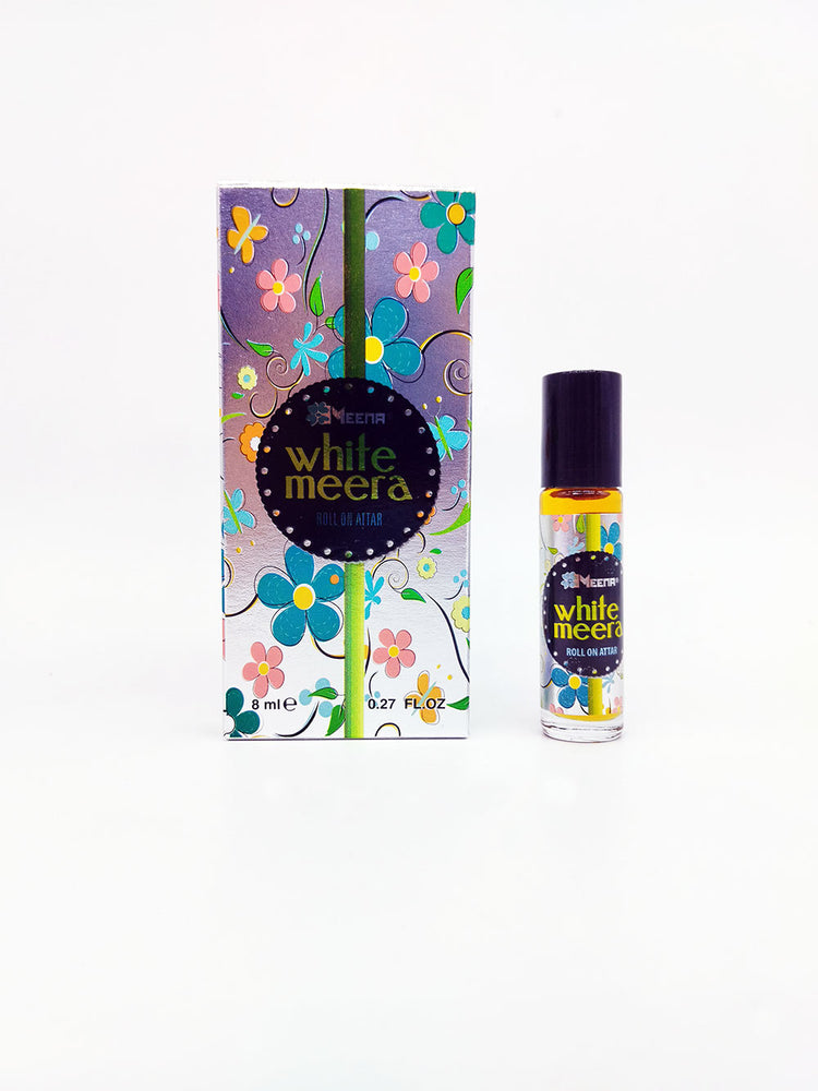 White Meera perfume attar and packaging with floral design on a white background