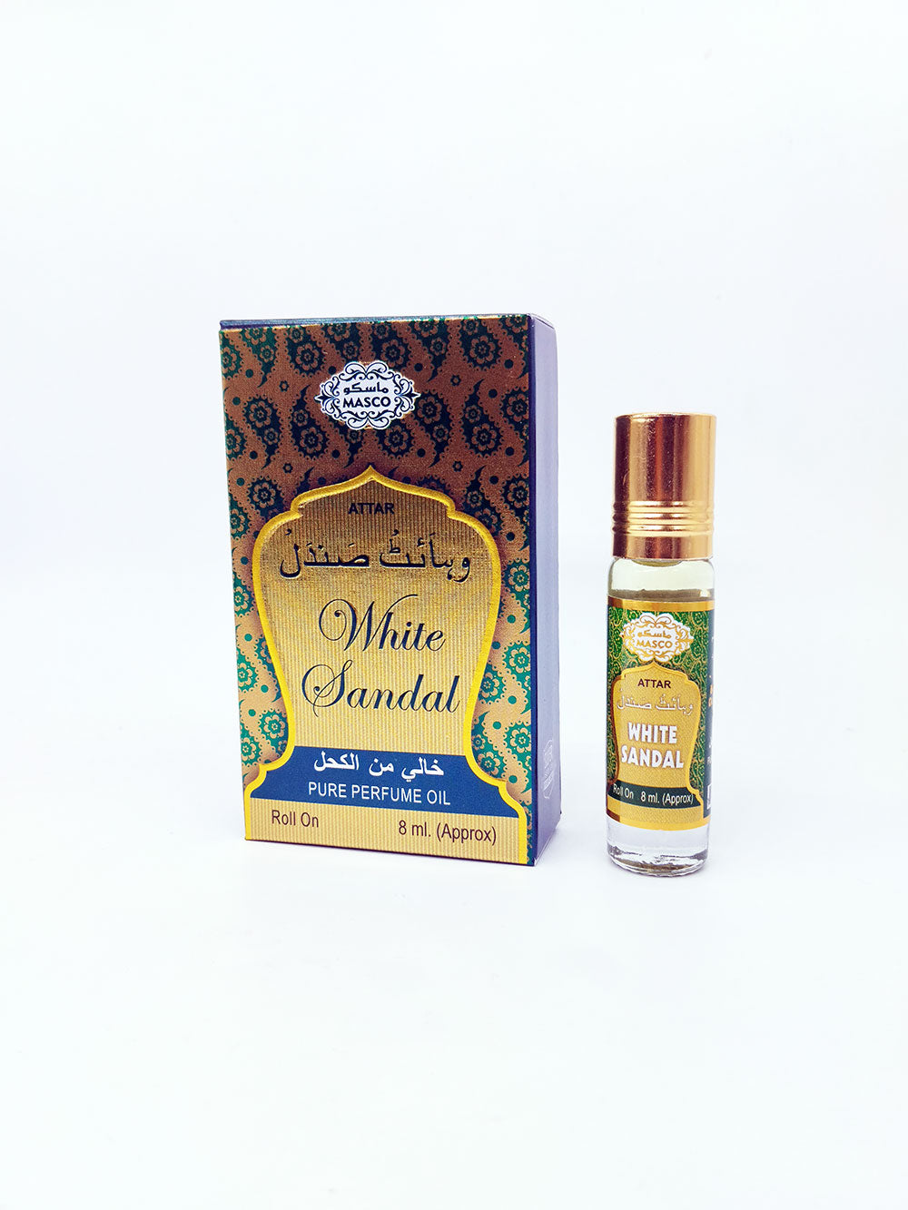 White Sandal attar bottle with packaging on a white background