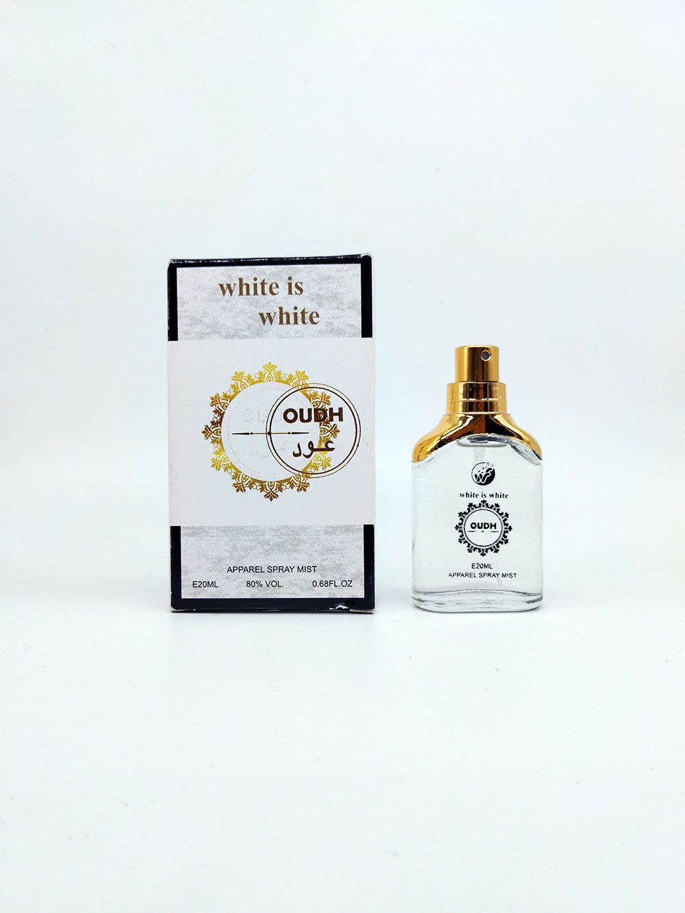 White Oudh perfume bottle and packaging on a white background