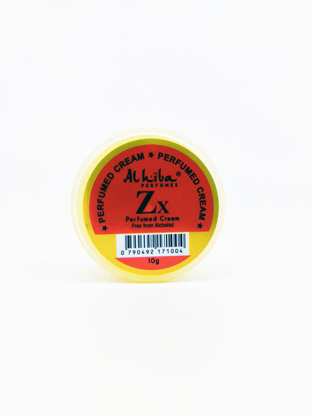 Small container of Alhiba Perfumed zx Cream with red label on a white background