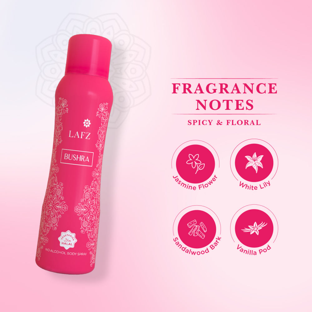 Bushra Body Spray (Women) Deodorant - 150ml - No Alcohol